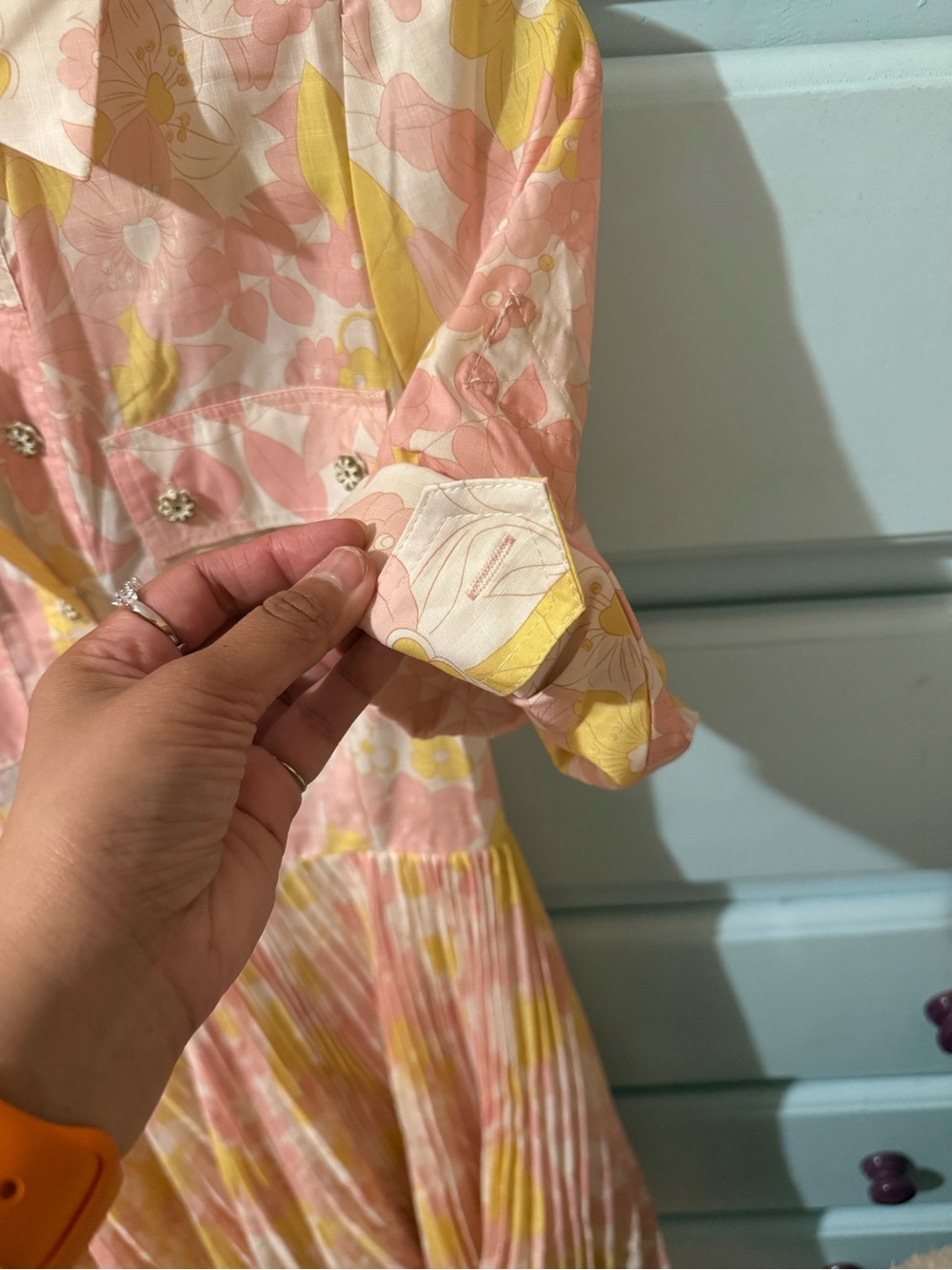 Womens Pink and Yellow Floral Pleated Shirt Dress - Picture 3 of 4